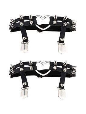 𝅺GOTHIC Black Heart Studded Garters Leather Leg Ring Elastic Punk Adjustable NWT